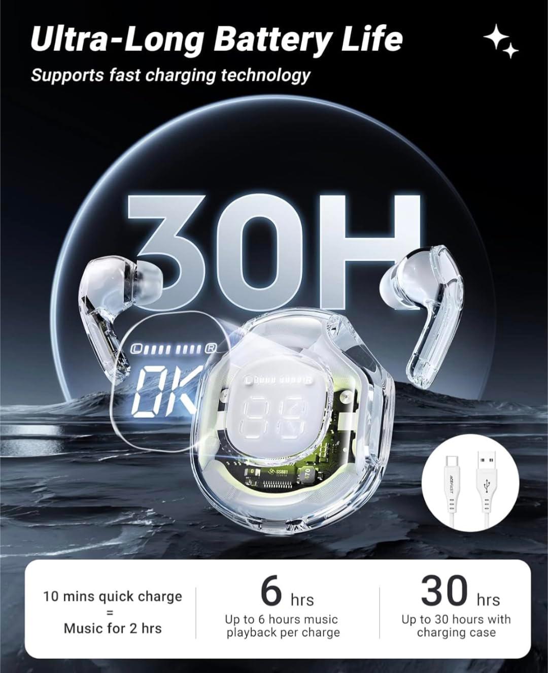 Ultrapods Pro | Crystal-Clear Transparent Earbuds with LED Display & Deep Bass